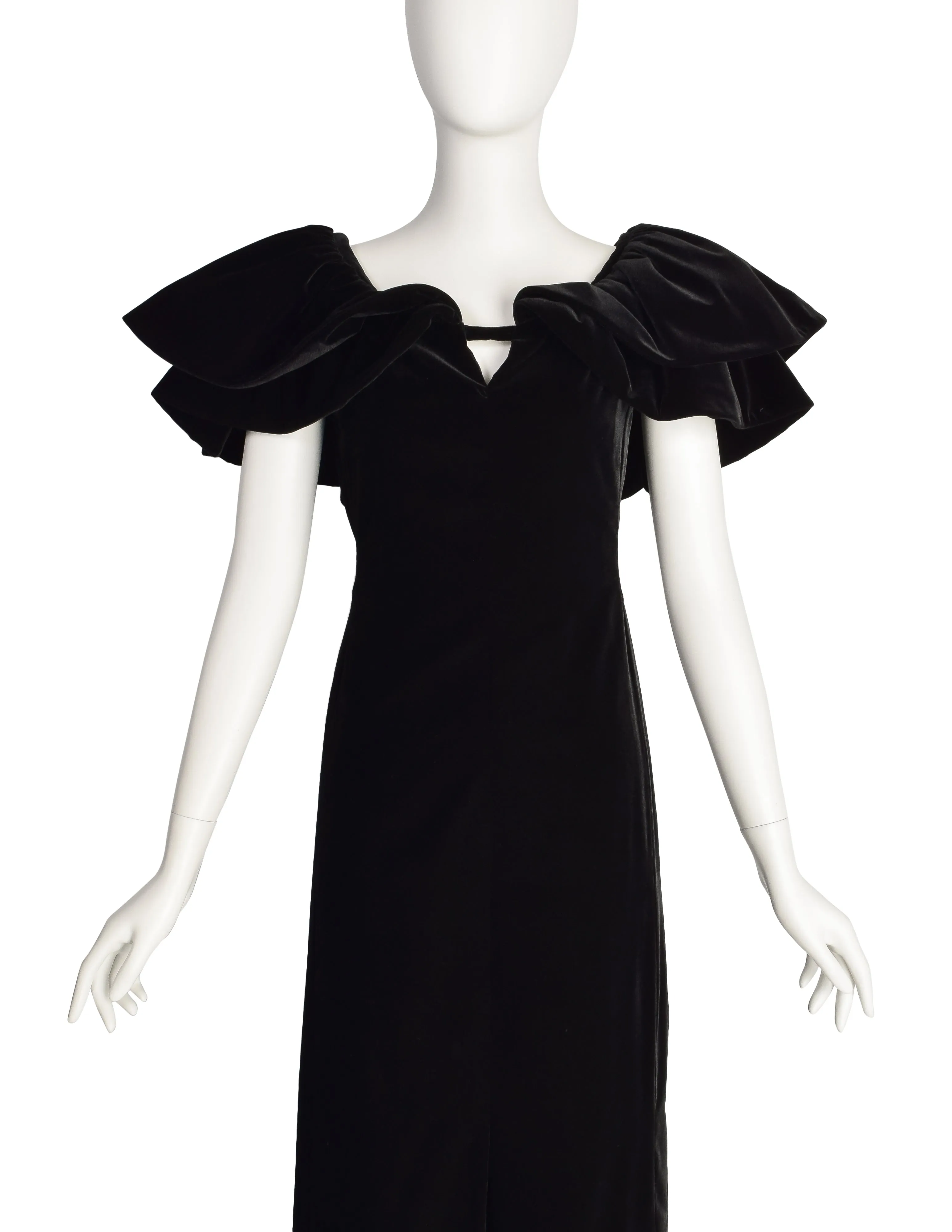 Pauline Trigere Vintage Black Velvet Dramatic Collar Full Length Dress