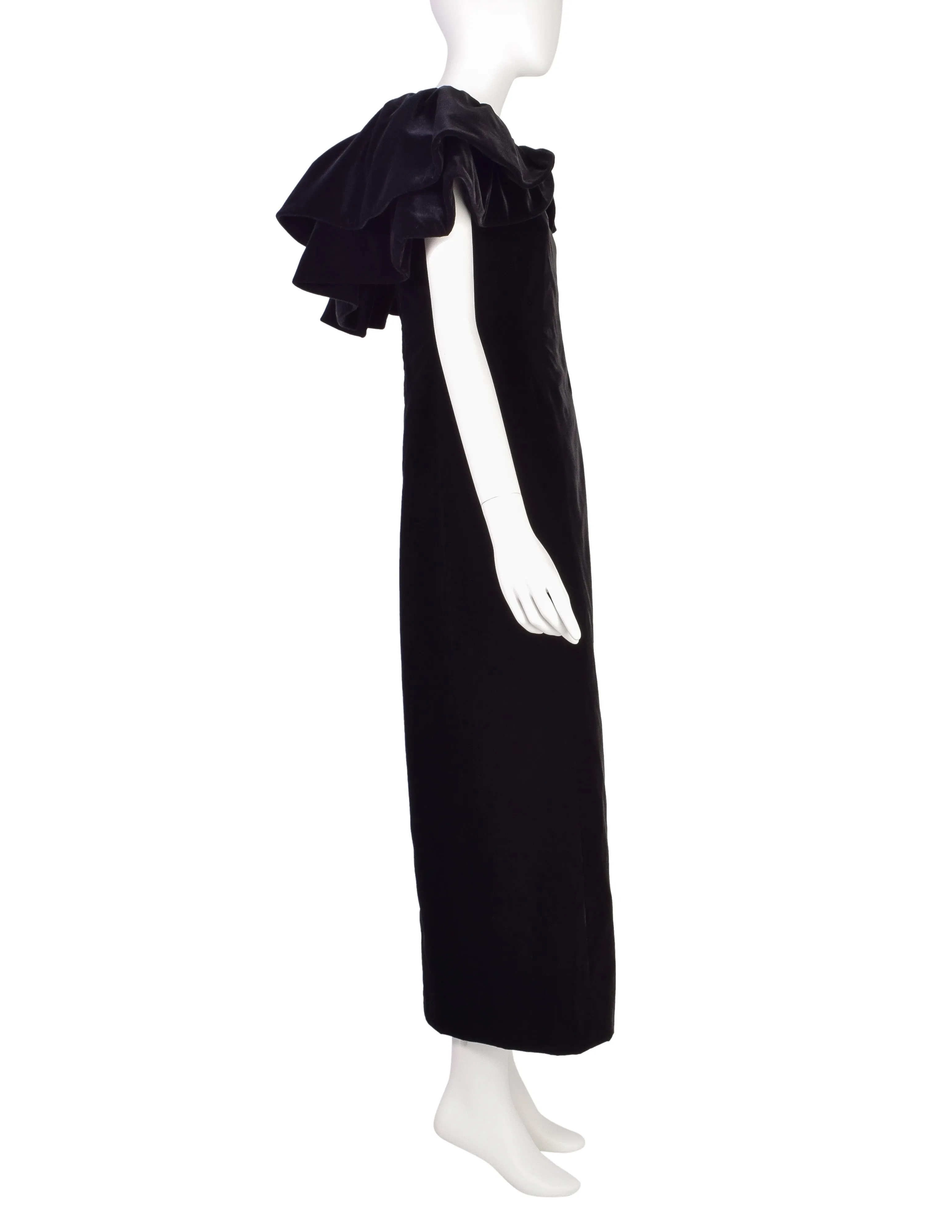 Pauline Trigere Vintage Black Velvet Dramatic Collar Full Length Dress