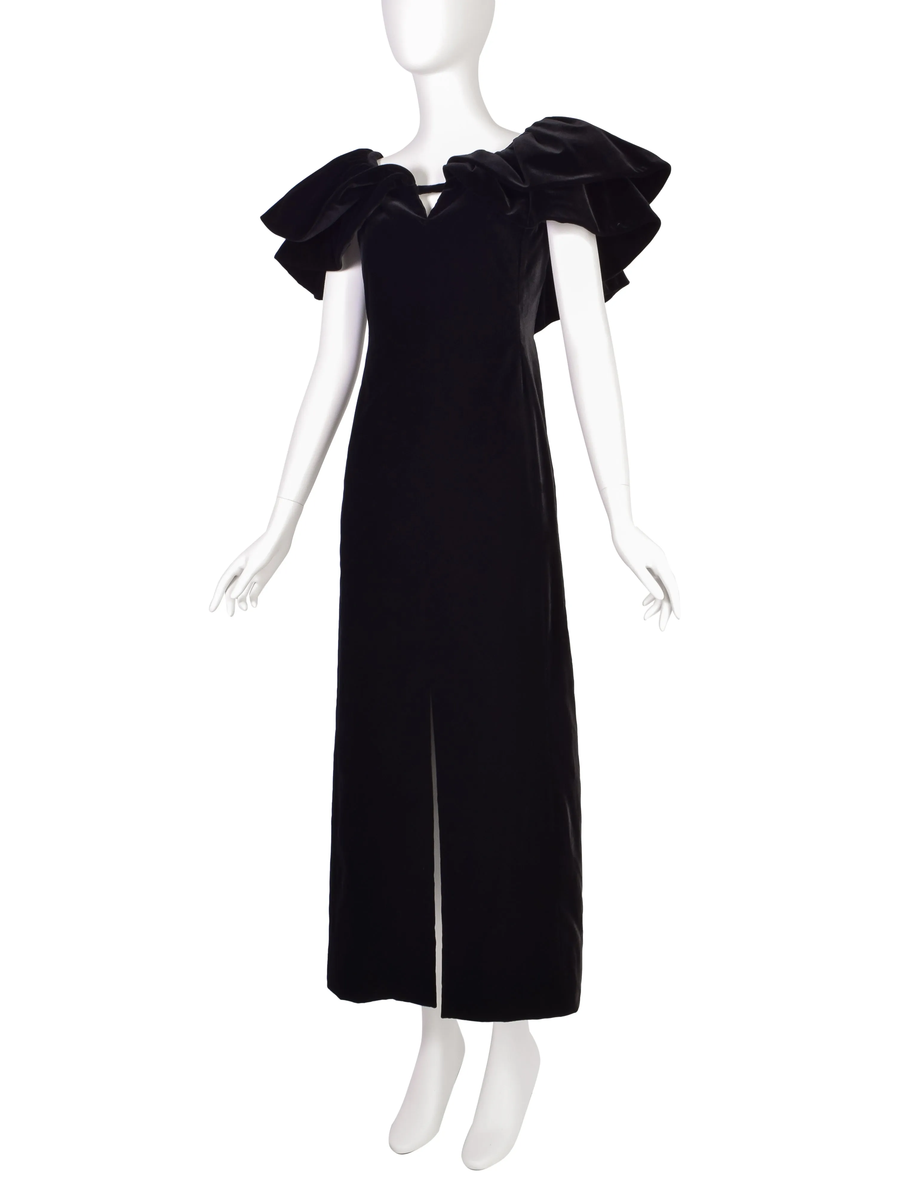 Pauline Trigere Vintage Black Velvet Dramatic Collar Full Length Dress