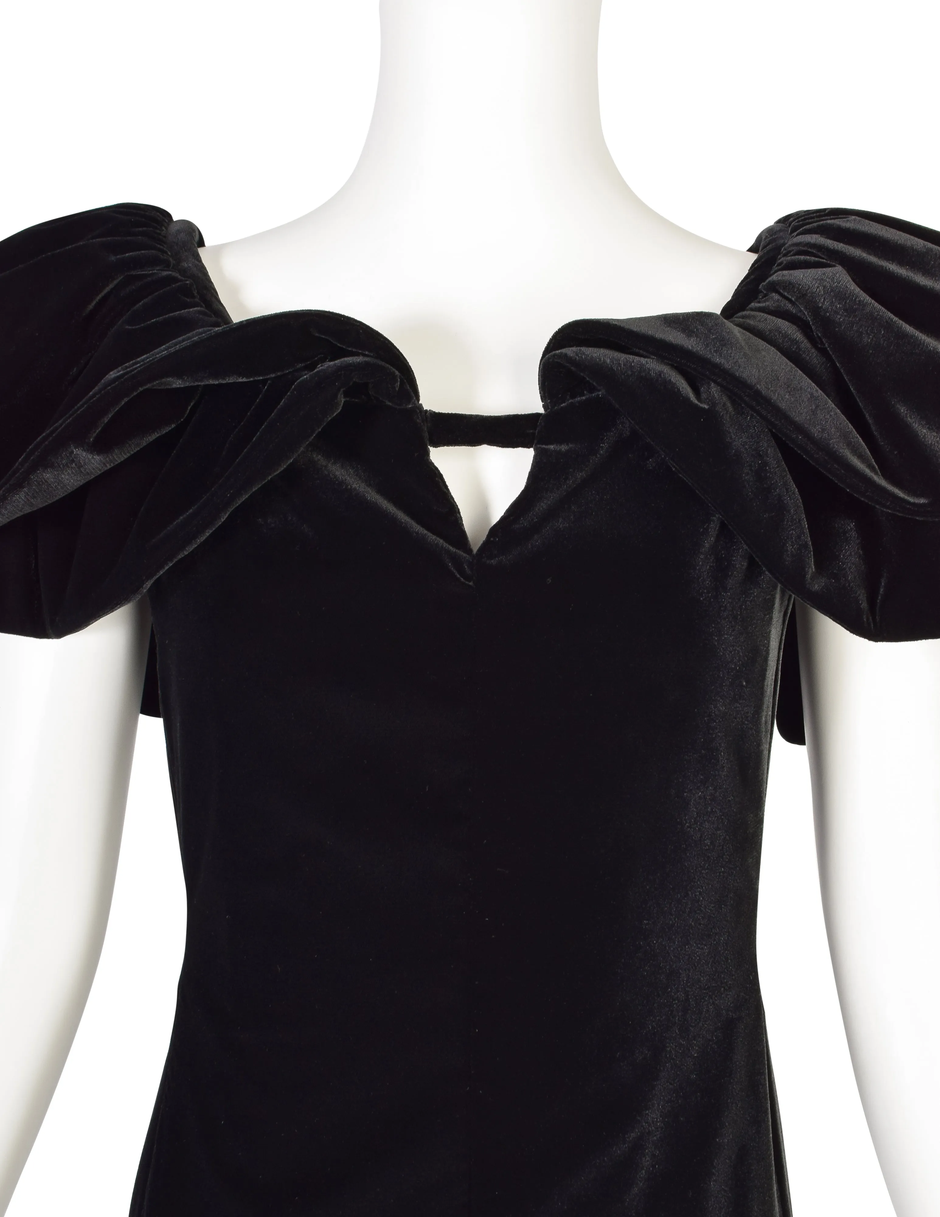 Pauline Trigere Vintage Black Velvet Dramatic Collar Full Length Dress