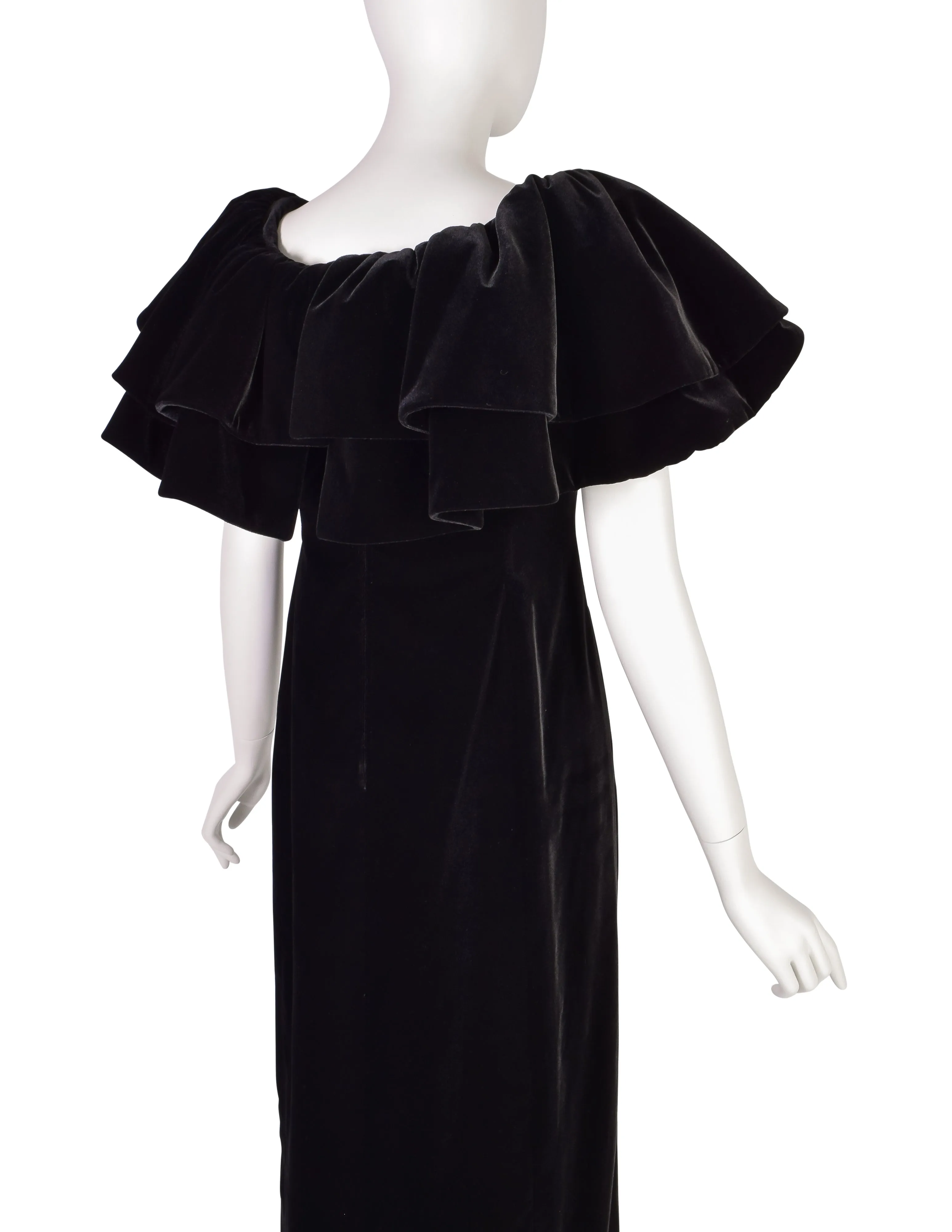 Pauline Trigere Vintage Black Velvet Dramatic Collar Full Length Dress
