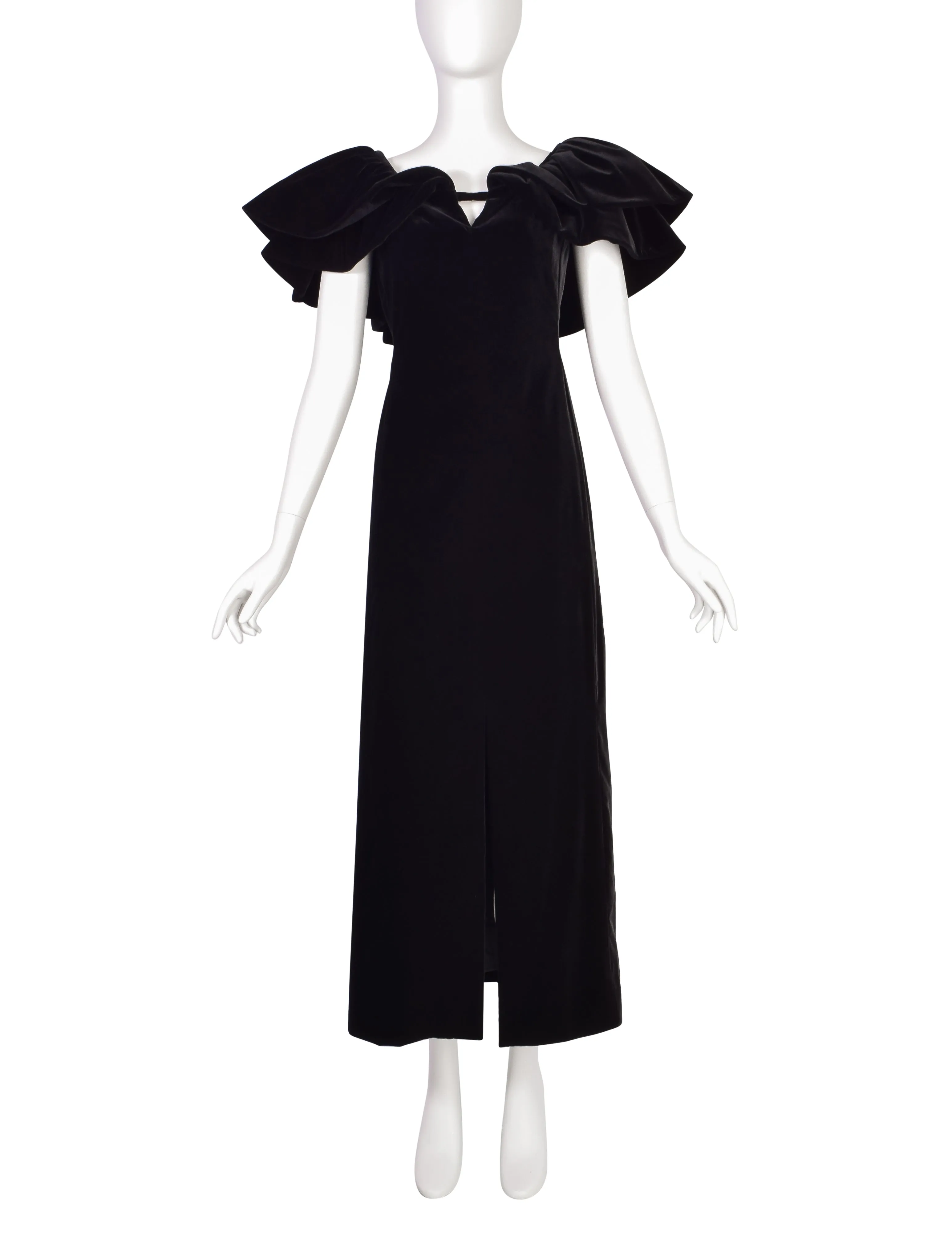 Pauline Trigere Vintage Black Velvet Dramatic Collar Full Length Dress
