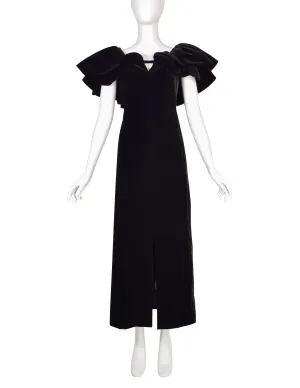 Pauline Trigere Vintage Black Velvet Dramatic Collar Full Length Dress