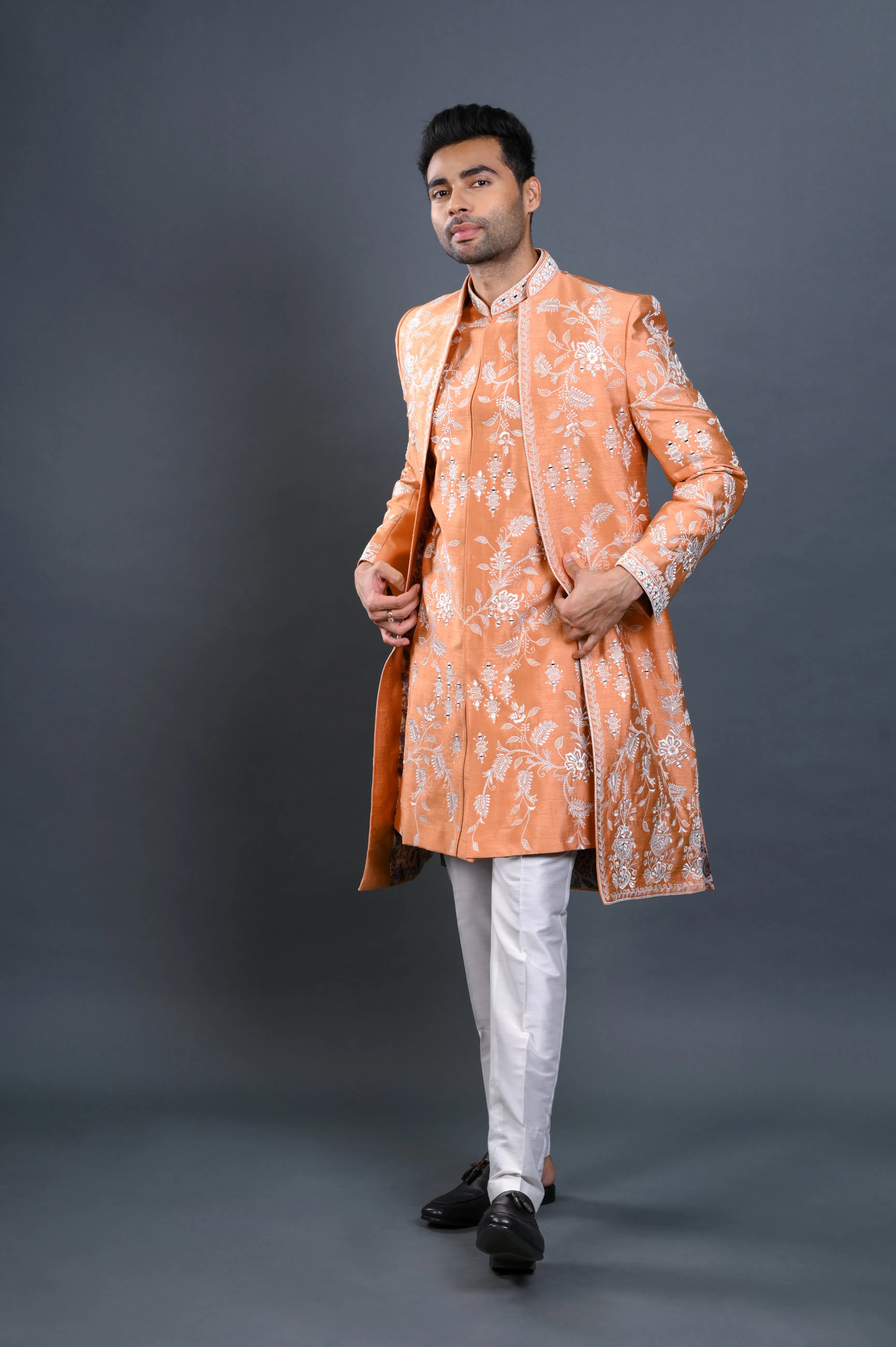Peach Silk Indowestern Set With Resham Embroidery & Mirror Work