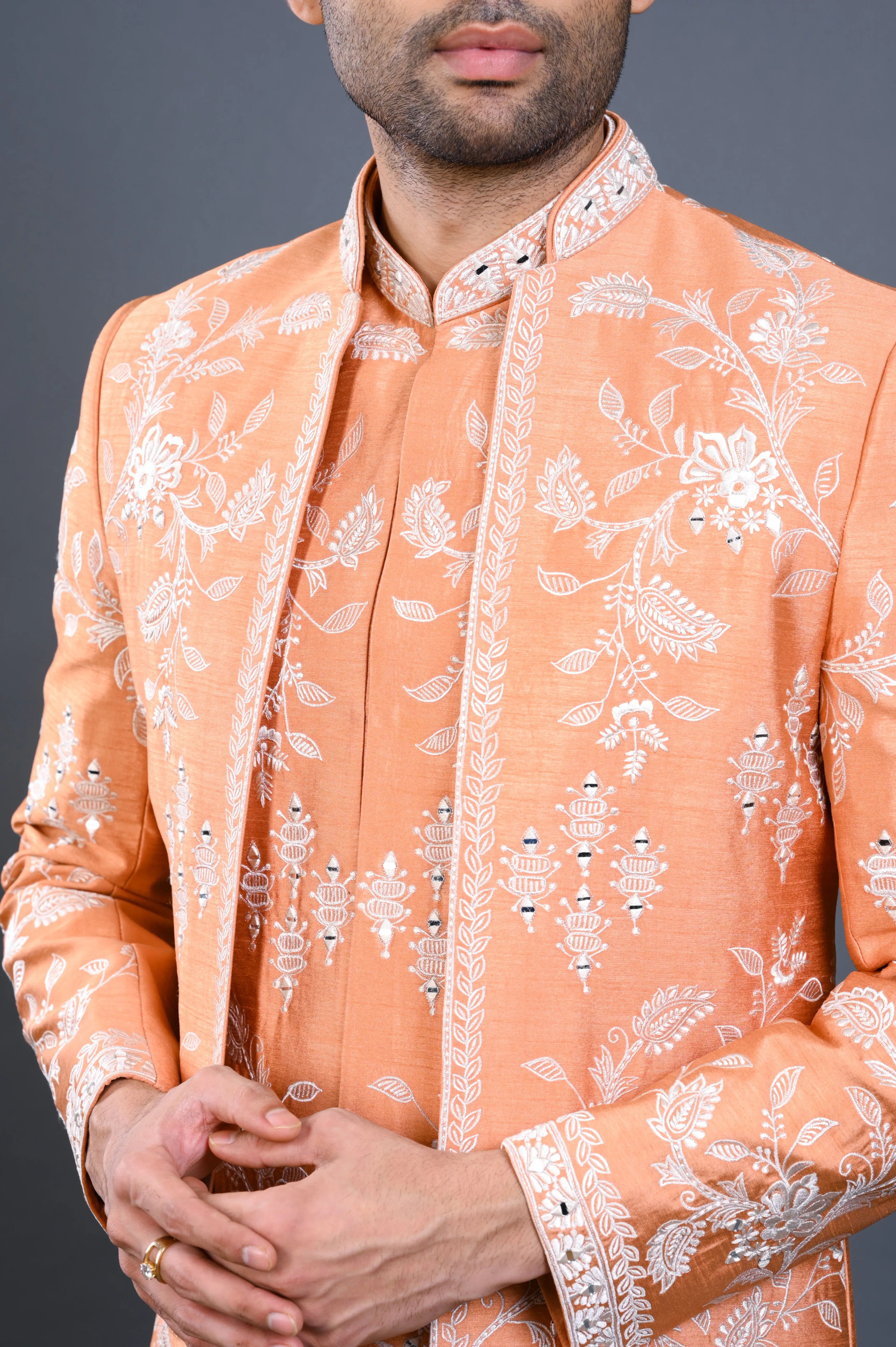 Peach Silk Indowestern Set With Resham Embroidery & Mirror Work