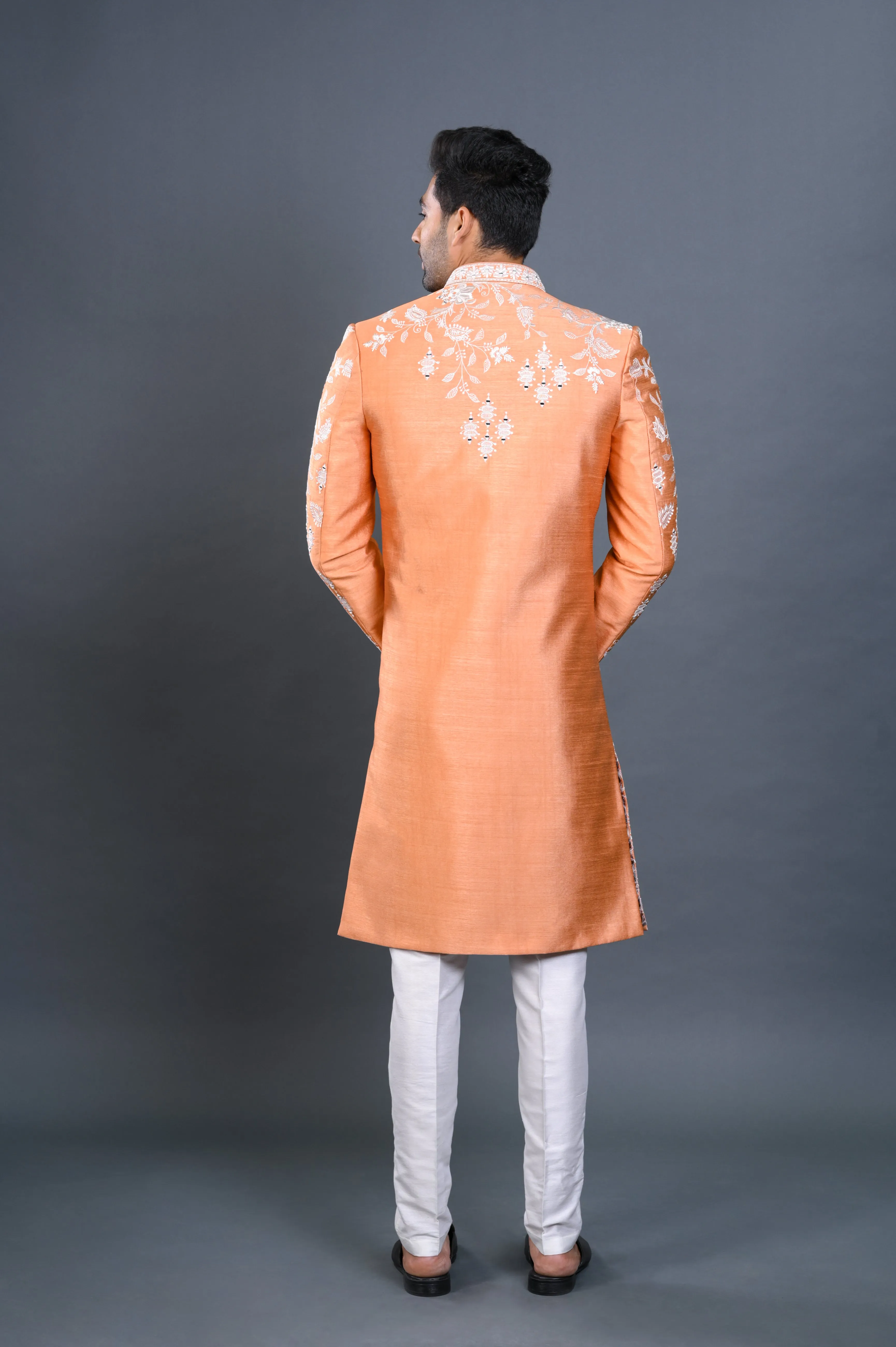Peach Silk Indowestern Set With Resham Embroidery & Mirror Work
