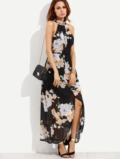“Petunia” Ladies Floral halter split maxi dress