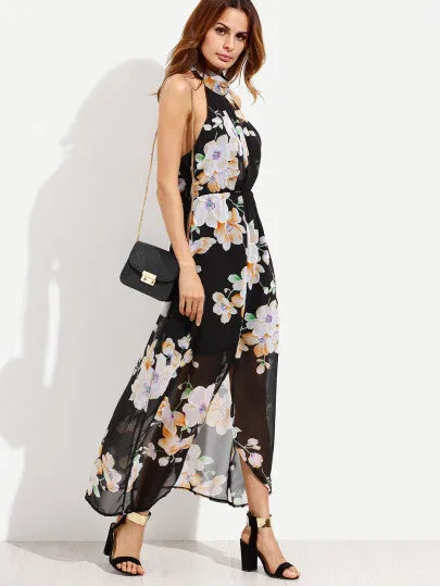 “Petunia” Ladies Floral halter split maxi dress