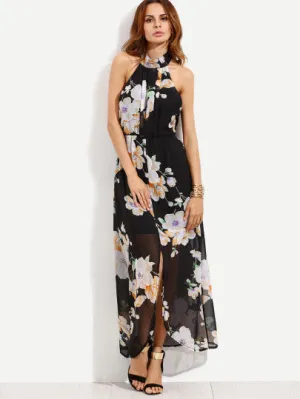 “Petunia” Ladies Floral halter split maxi dress