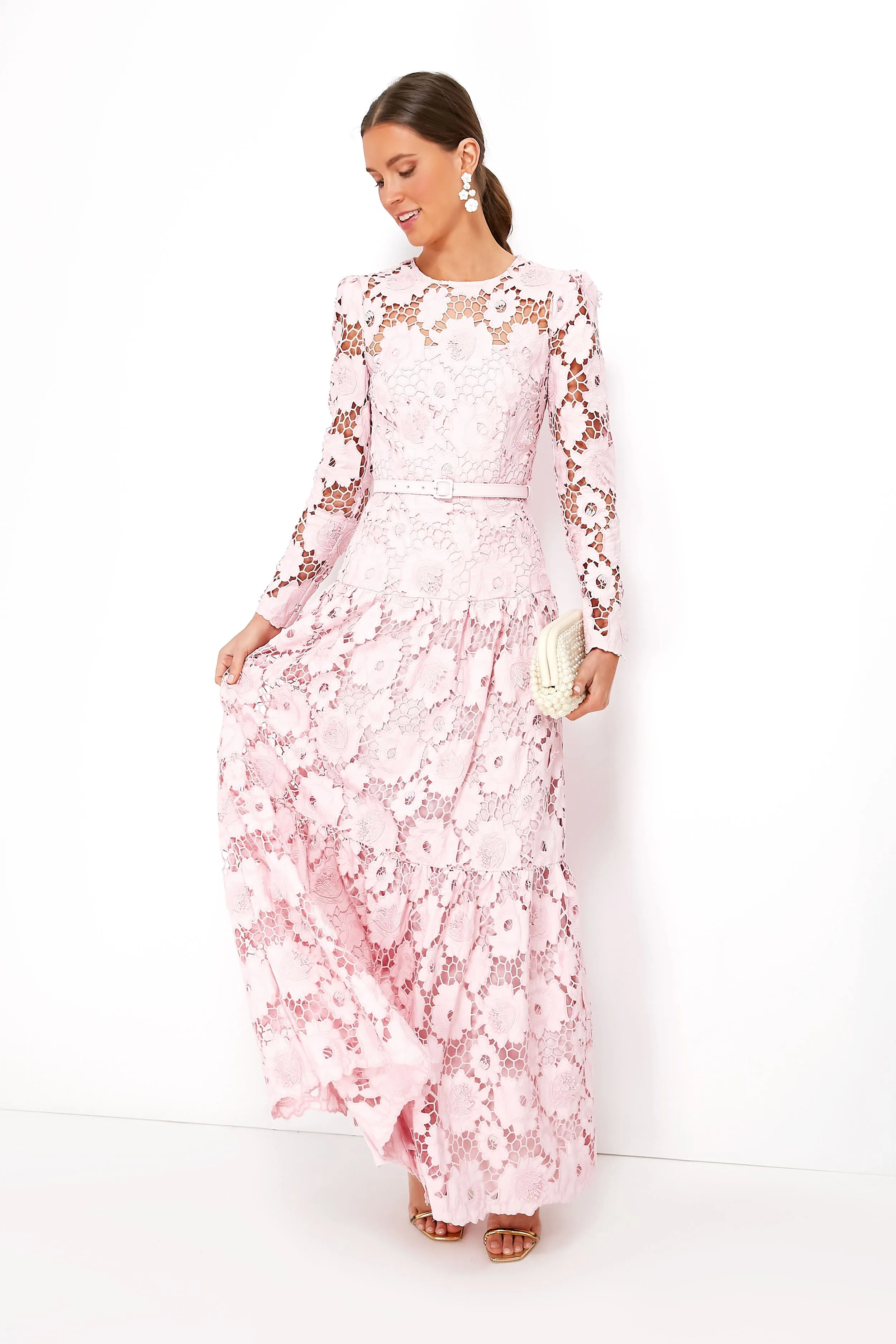 Pink 3D Cotton Lace Maxi Dress