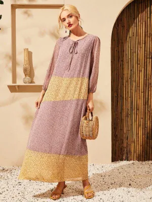 Plants Print Tie Neck Maxi Dress