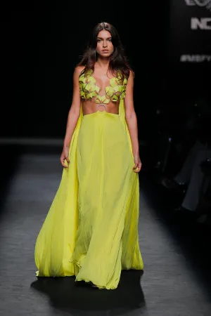 Pleated Dress with Duck Feathers and Cape