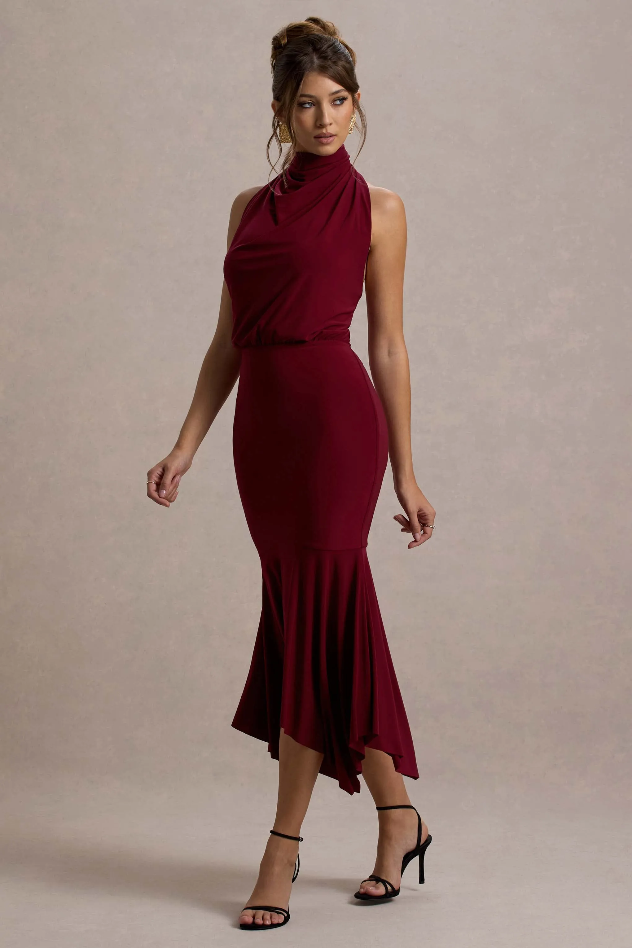 Prianyka | Berry High-Neck Draped Maxi Dress