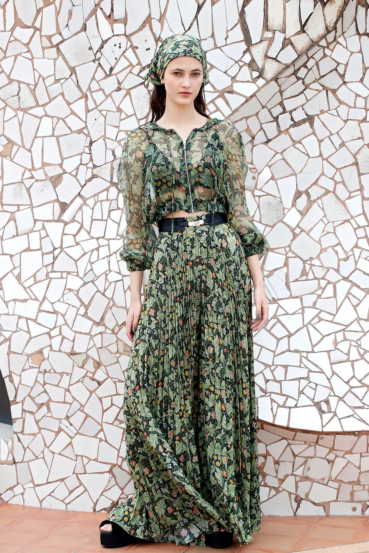 Printed Crop Jacket, and Pleated Printed Skirt