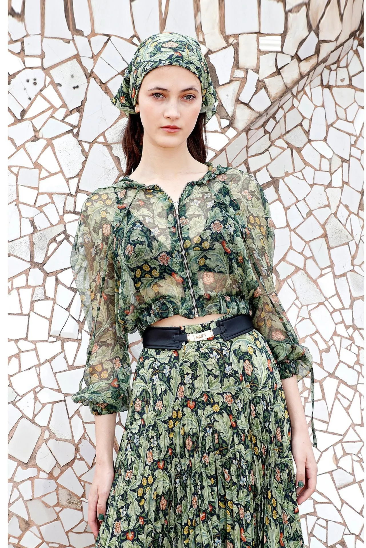 Printed Crop Jacket, and Pleated Printed Skirt