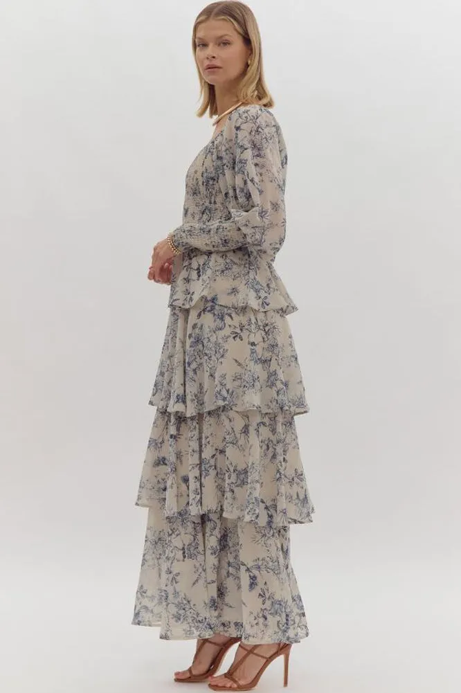 Printed LS Tiered Maxi Dress in Taupe by Entro