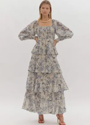 Printed LS Tiered Maxi Dress in Taupe by Entro