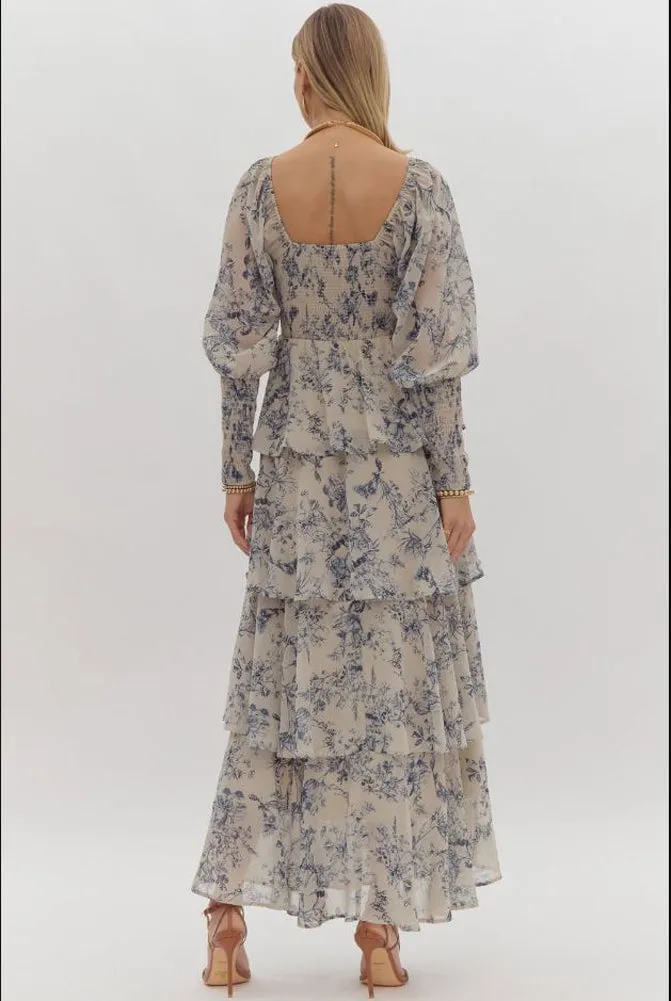 Printed LS Tiered Maxi Dress in Taupe by Entro