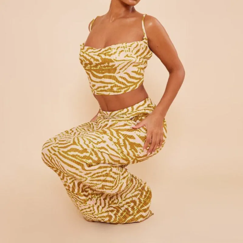 Printed Pleated Cami Top And Skirt Matching Set