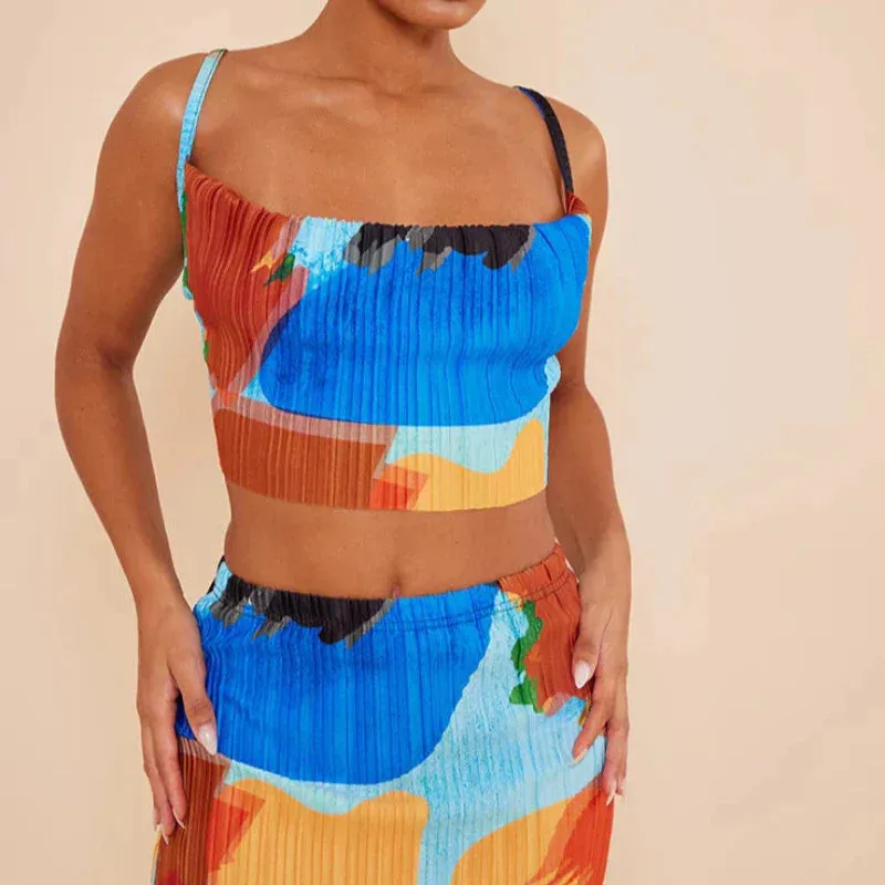 Printed Pleated Cami Top And Skirt Matching Set