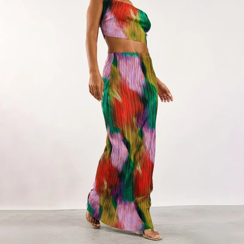 Printed Pleated Cami Top And Skirt Matching Set