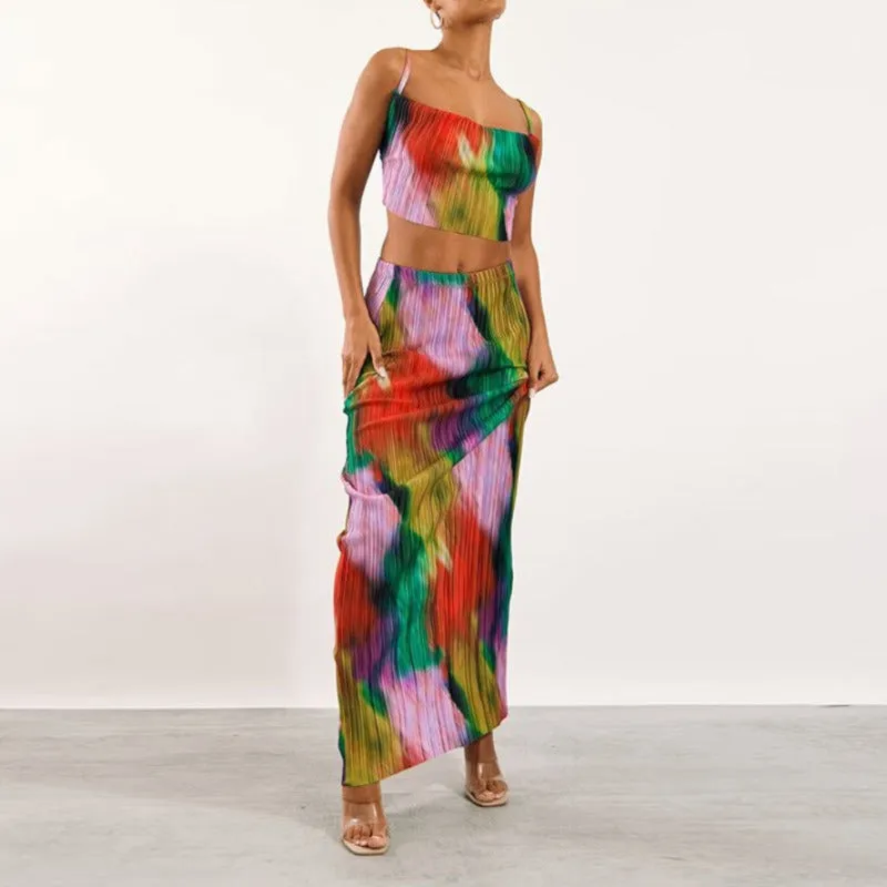 Printed Pleated Cami Top And Skirt Matching Set