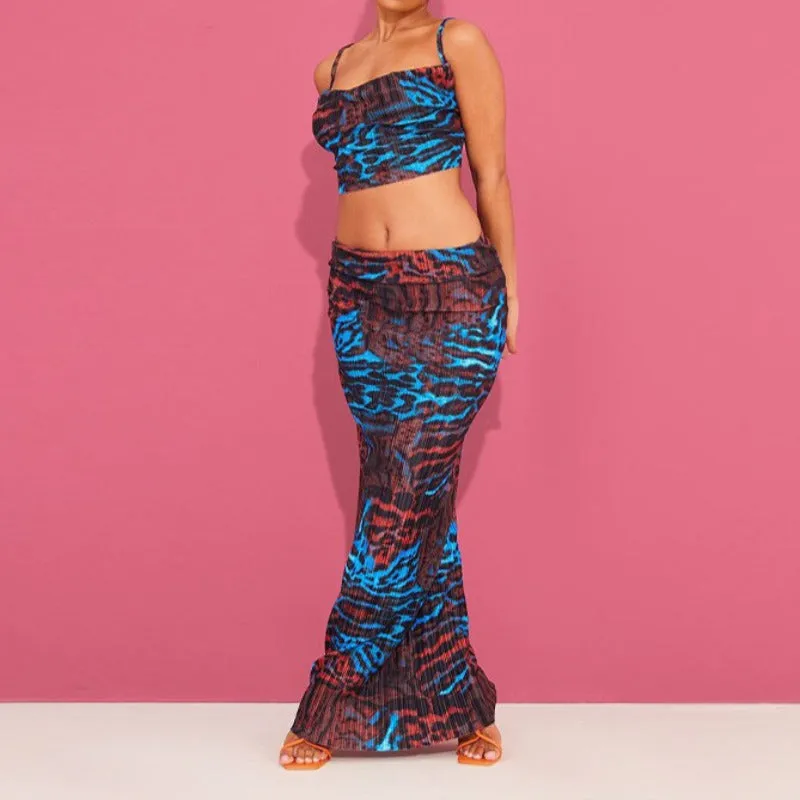 Printed Pleated Cami Top And Skirt Matching Set