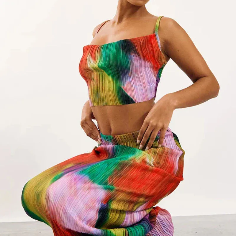 Printed Pleated Cami Top And Skirt Matching Set