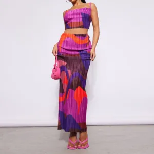 Printed Pleated Cami Top And Skirt Matching Set