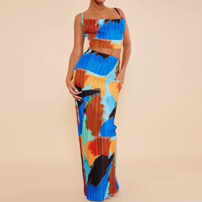 Printed Pleated Cami Top And Skirt Matching Set