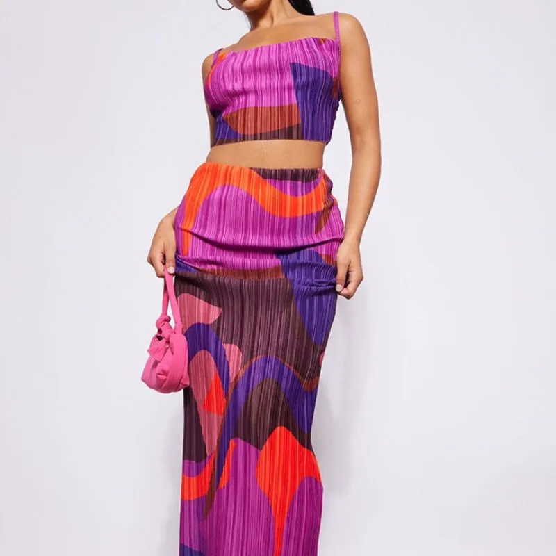 Printed Pleated Cami Top And Skirt Matching Set