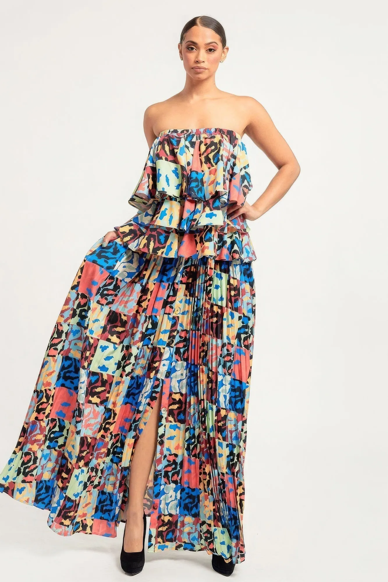 Printed Ruffle Top And Pleated Skirt