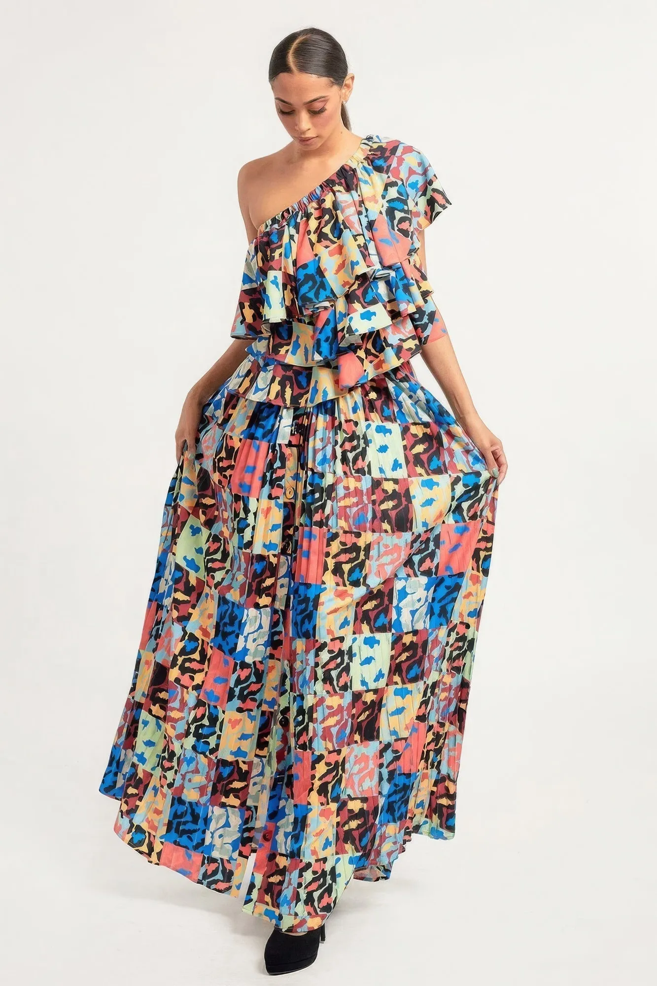 Printed Ruffle Top And Pleated Skirt