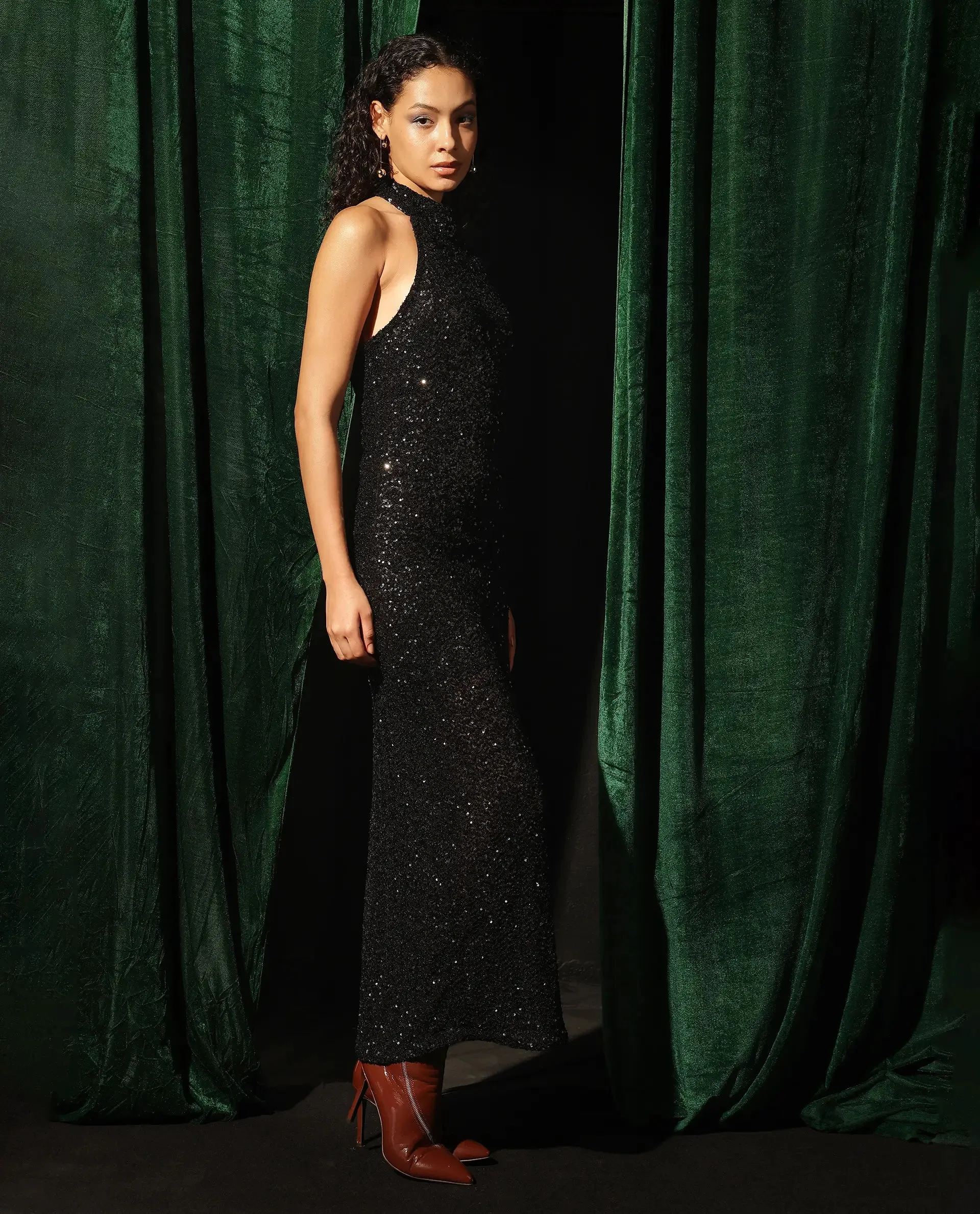 Rareism Women Ardhan Metallic Black Polyester Fabric Sleeveless Halter Neck Button Closure Fitted Maxi Plain Dress