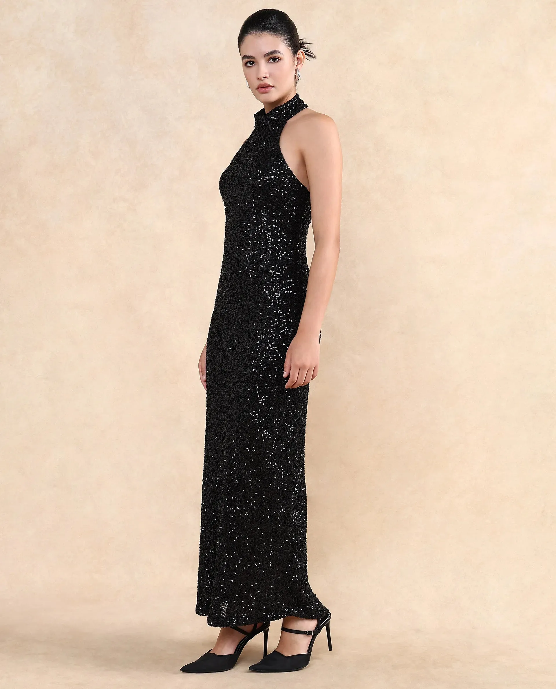 Rareism Women Ardhan Metallic Black Polyester Fabric Sleeveless Halter Neck Button Closure Fitted Maxi Plain Dress