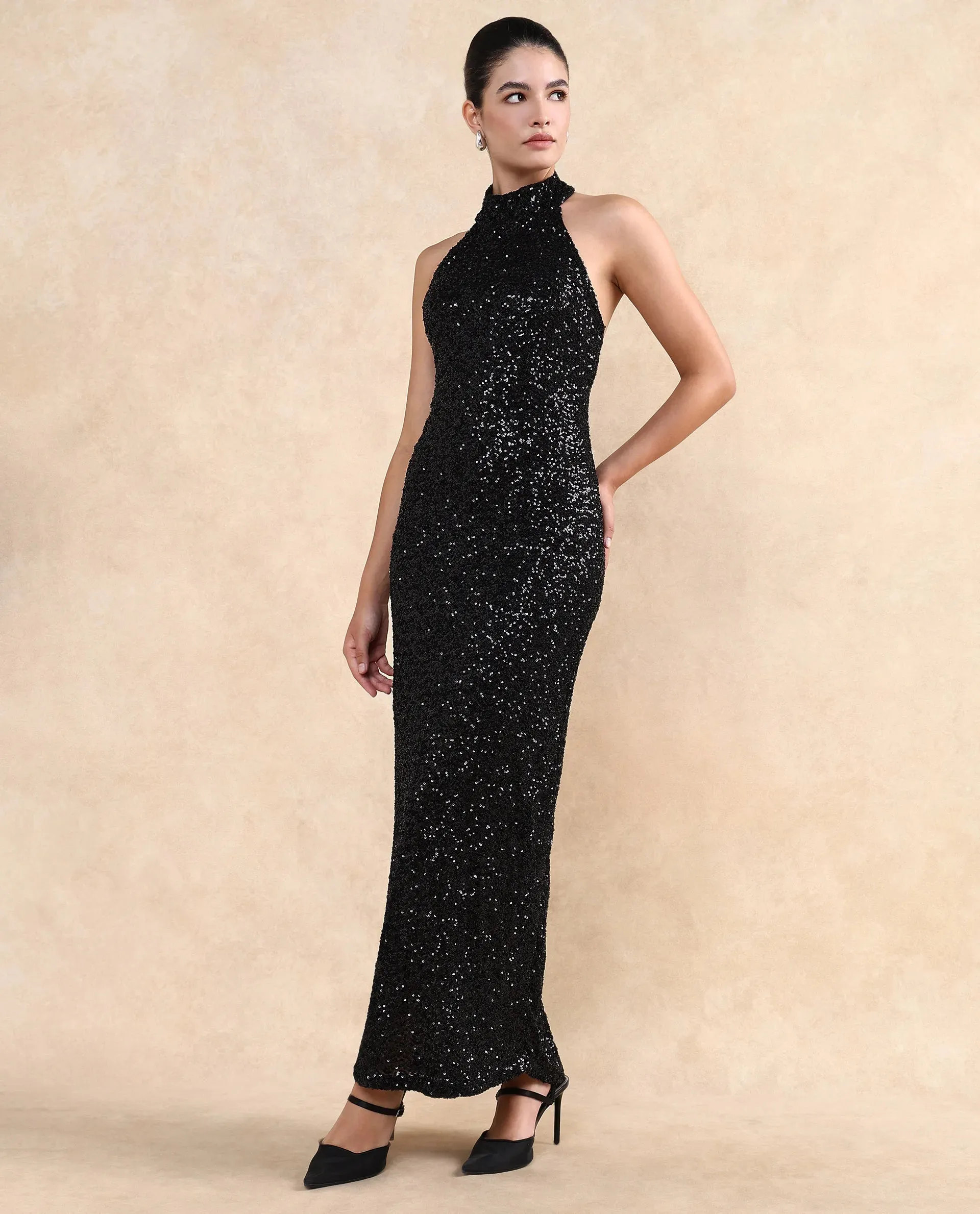 Rareism Women Ardhan Metallic Black Polyester Fabric Sleeveless Halter Neck Button Closure Fitted Maxi Plain Dress