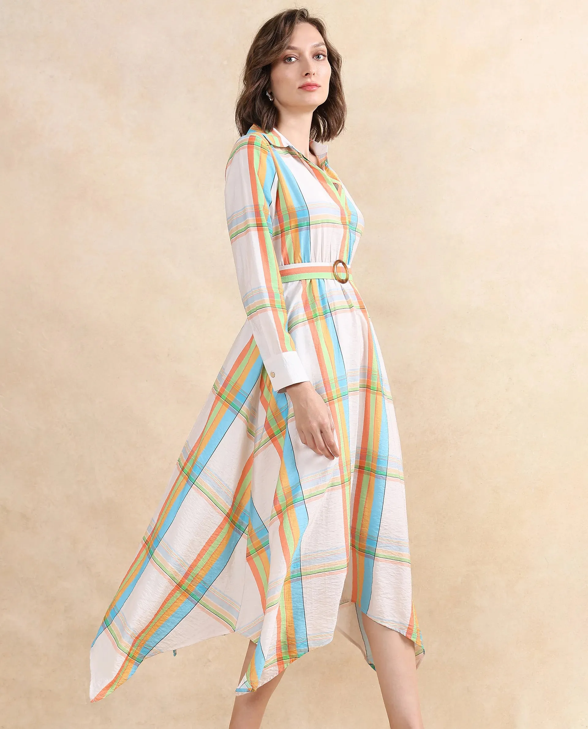 Rareism Women Ariska Multi Nylon Viscose Fabric Cuffed Sleeve Collared Neck Button Closure Fit And Flare Maxi Printed Dress