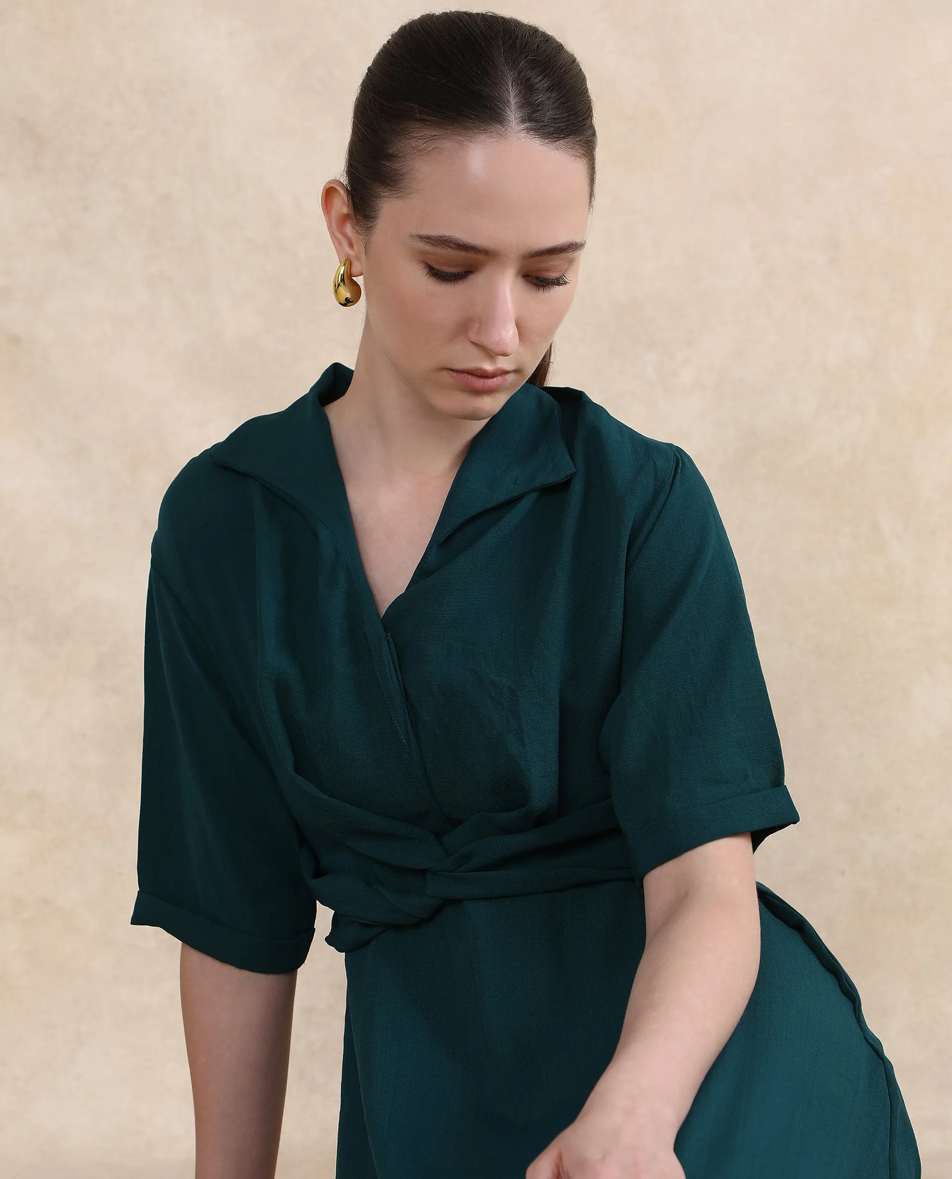 Rareism Women Fedrez Green Bell Sleeves Cowl Neck Zipper Closure Flared Maxi Plain Dress