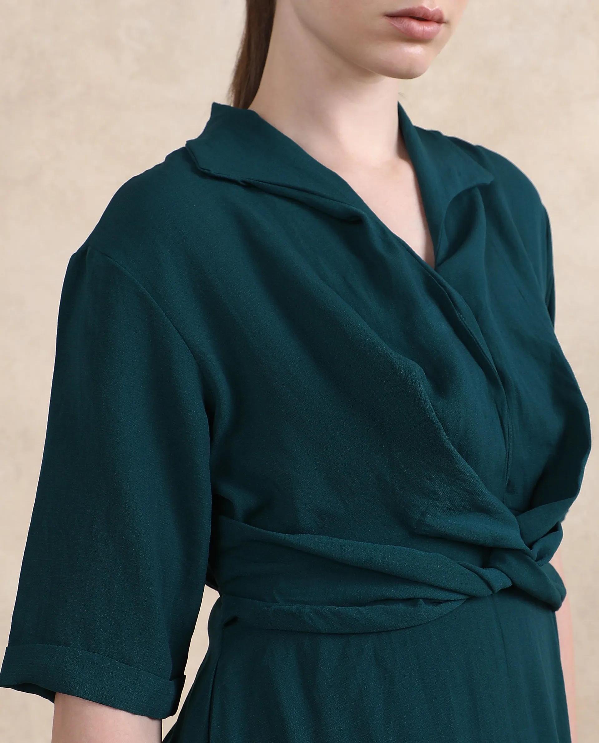 Rareism Women Fedrez Green Bell Sleeves Cowl Neck Zipper Closure Flared Maxi Plain Dress