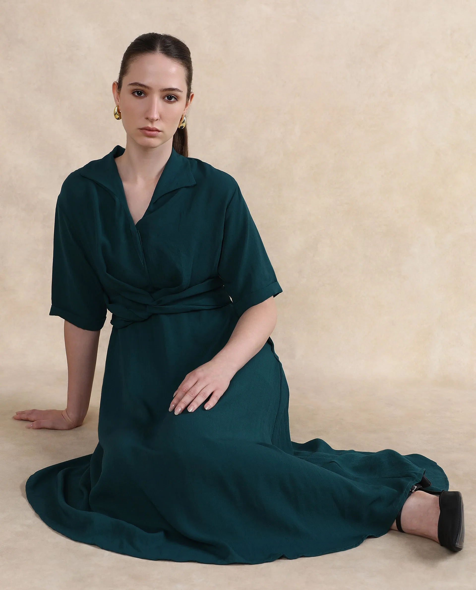 Rareism Women Fedrez Green Bell Sleeves Cowl Neck Zipper Closure Flared Maxi Plain Dress