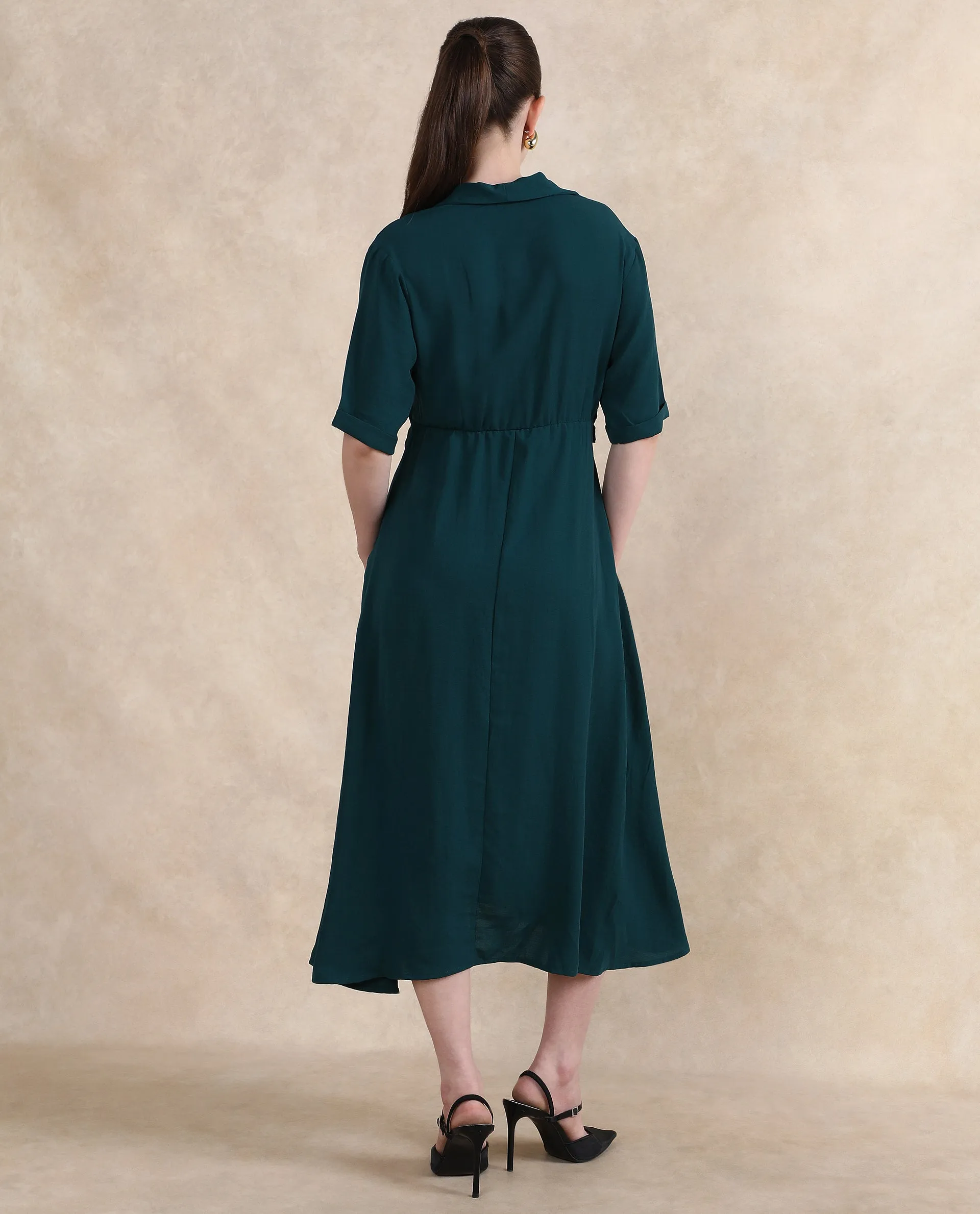 Rareism Women Fedrez Green Bell Sleeves Cowl Neck Zipper Closure Flared Maxi Plain Dress