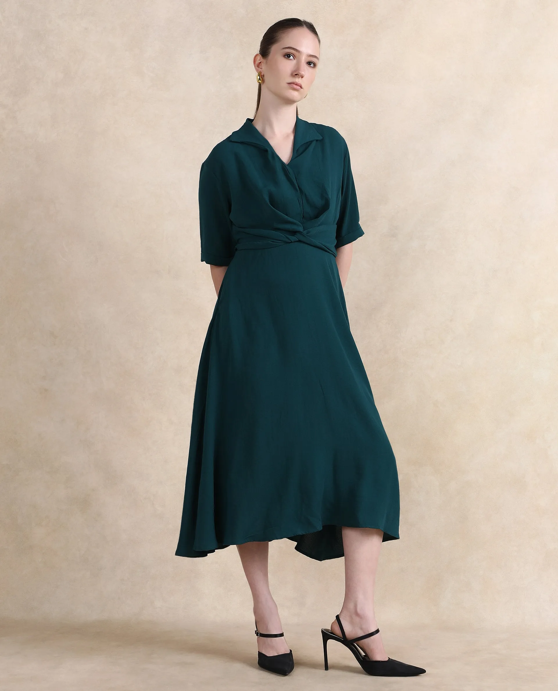 Rareism Women Fedrez Green Bell Sleeves Cowl Neck Zipper Closure Flared Maxi Plain Dress
