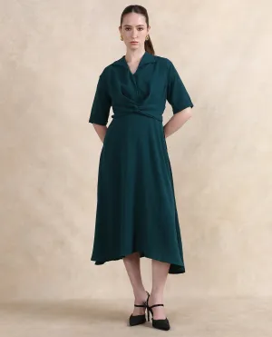 Rareism Women Fedrez Green Bell Sleeves Cowl Neck Zipper Closure Flared Maxi Plain Dress