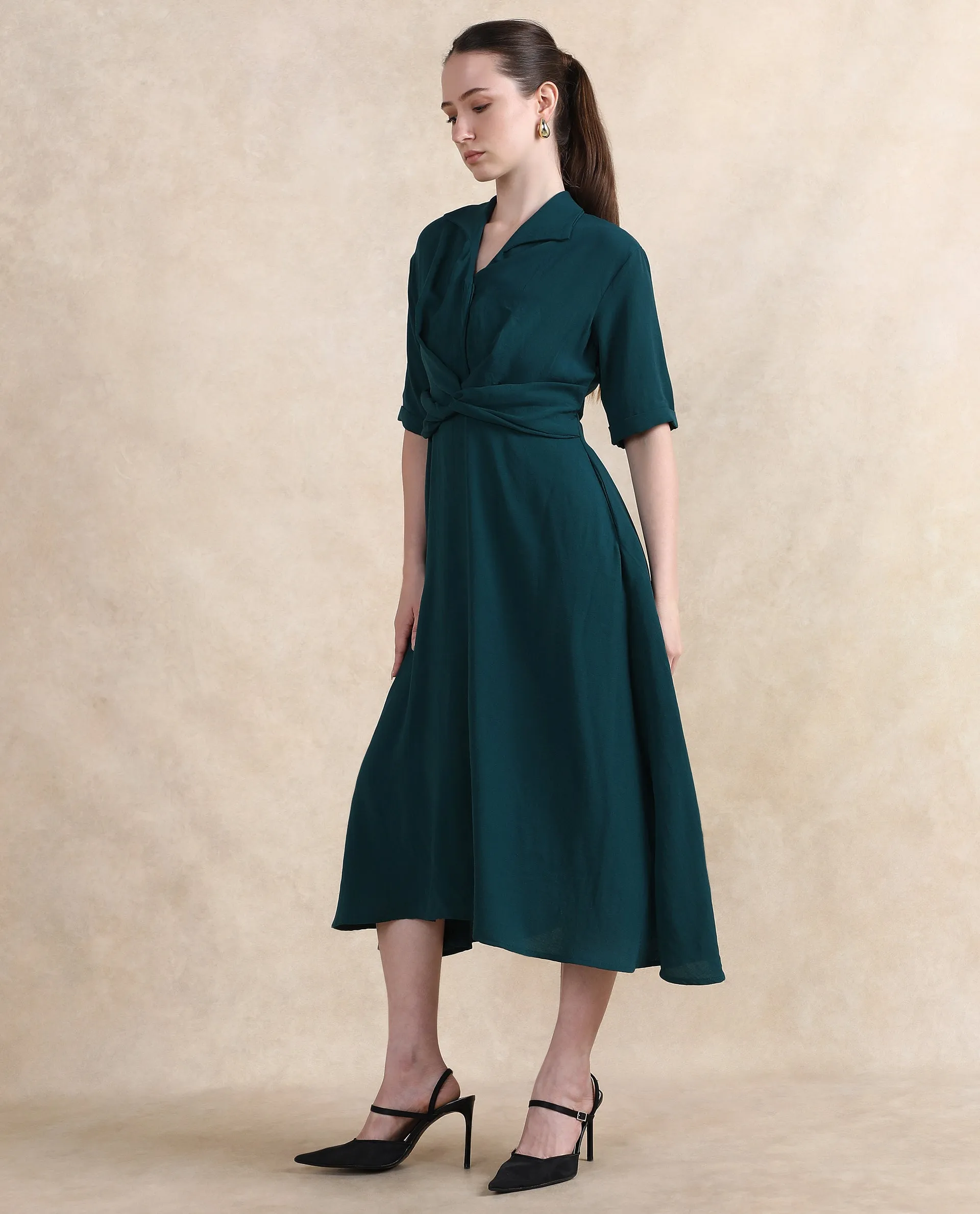 Rareism Women Fedrez Green Bell Sleeves Cowl Neck Zipper Closure Flared Maxi Plain Dress