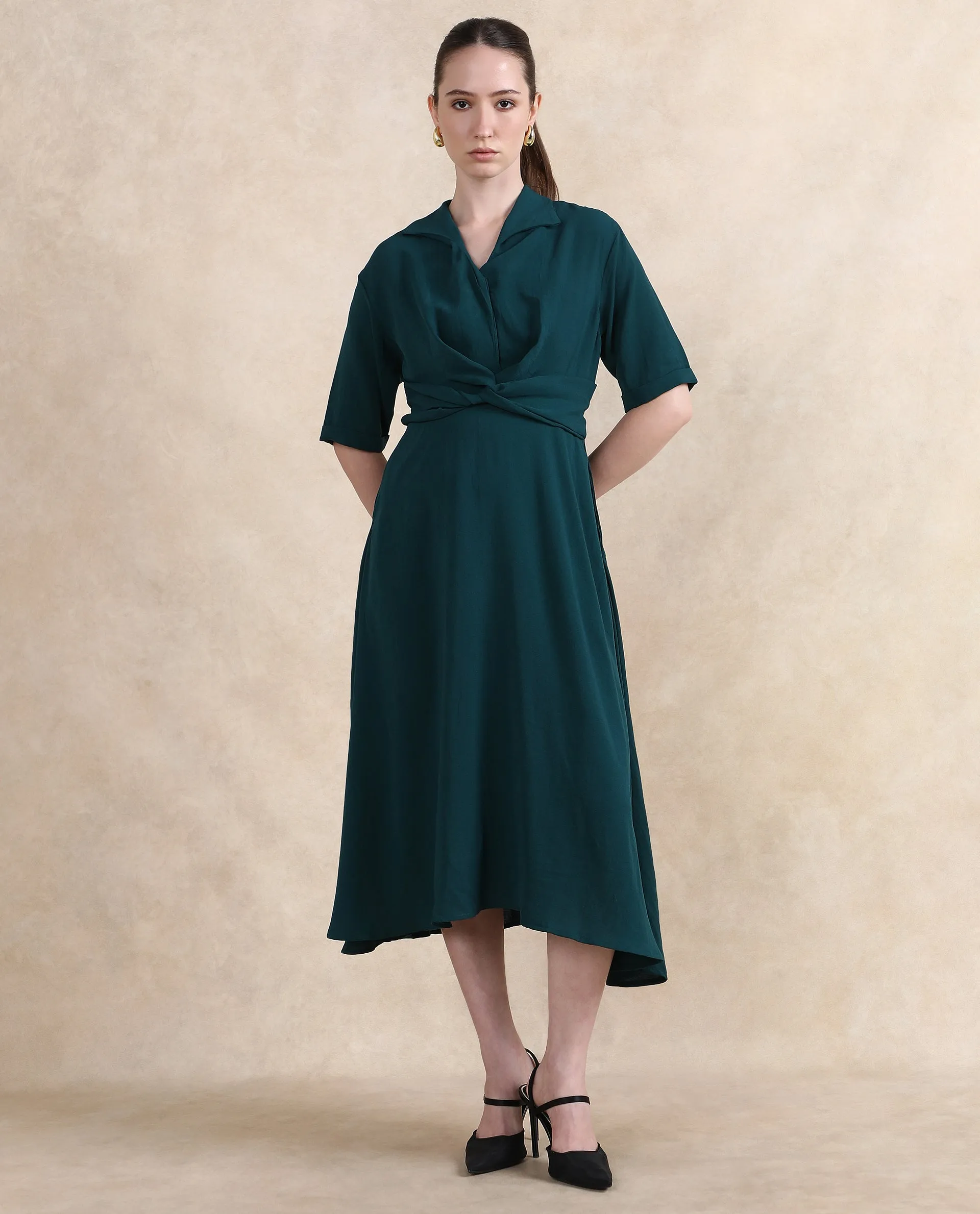Rareism Women Fedrez Green Bell Sleeves Cowl Neck Zipper Closure Flared Maxi Plain Dress