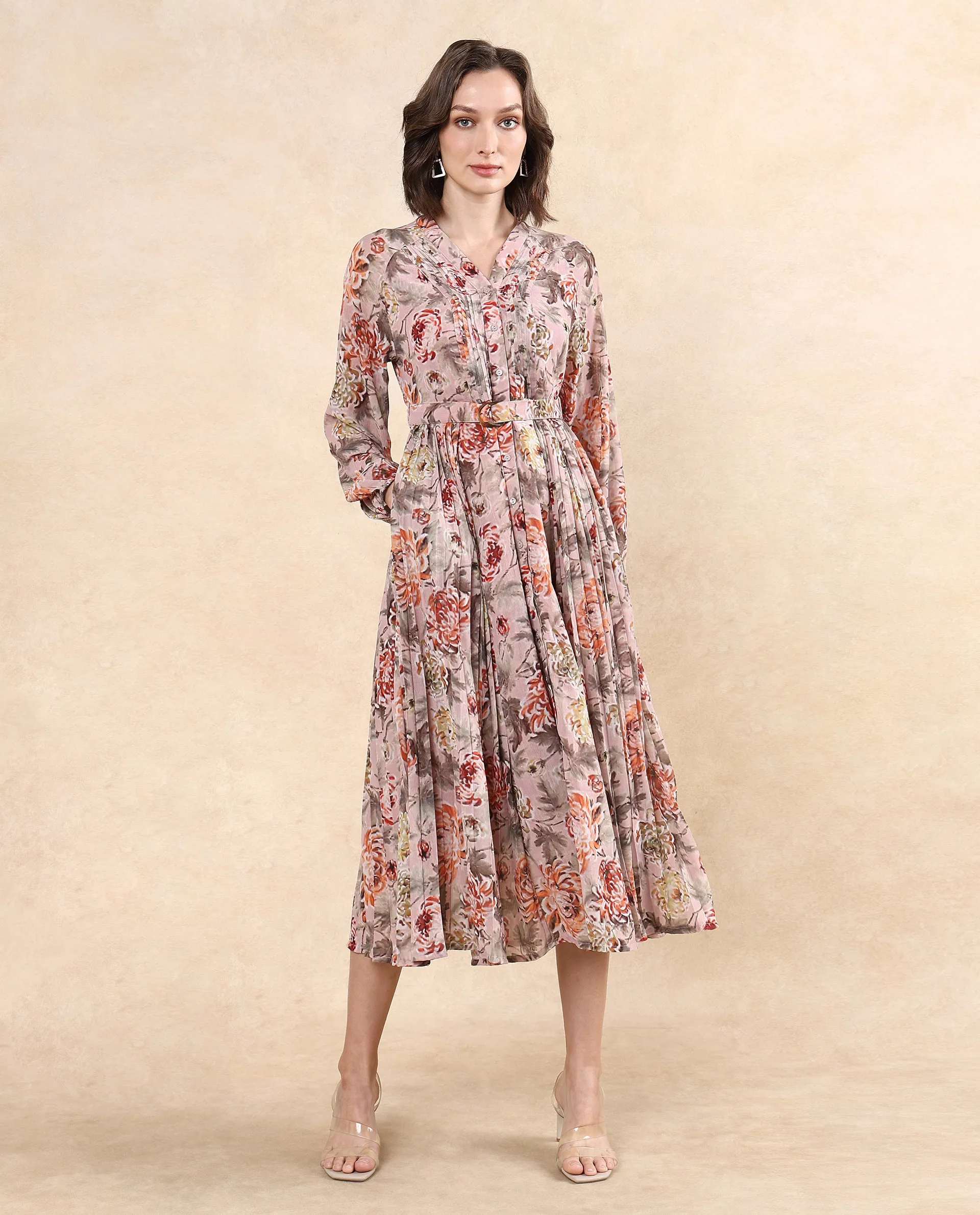 Rareism Women Jibon Multi Full Sleeve V-Neck Button Closure A-Line Fit Maxi Floral Print Dress
