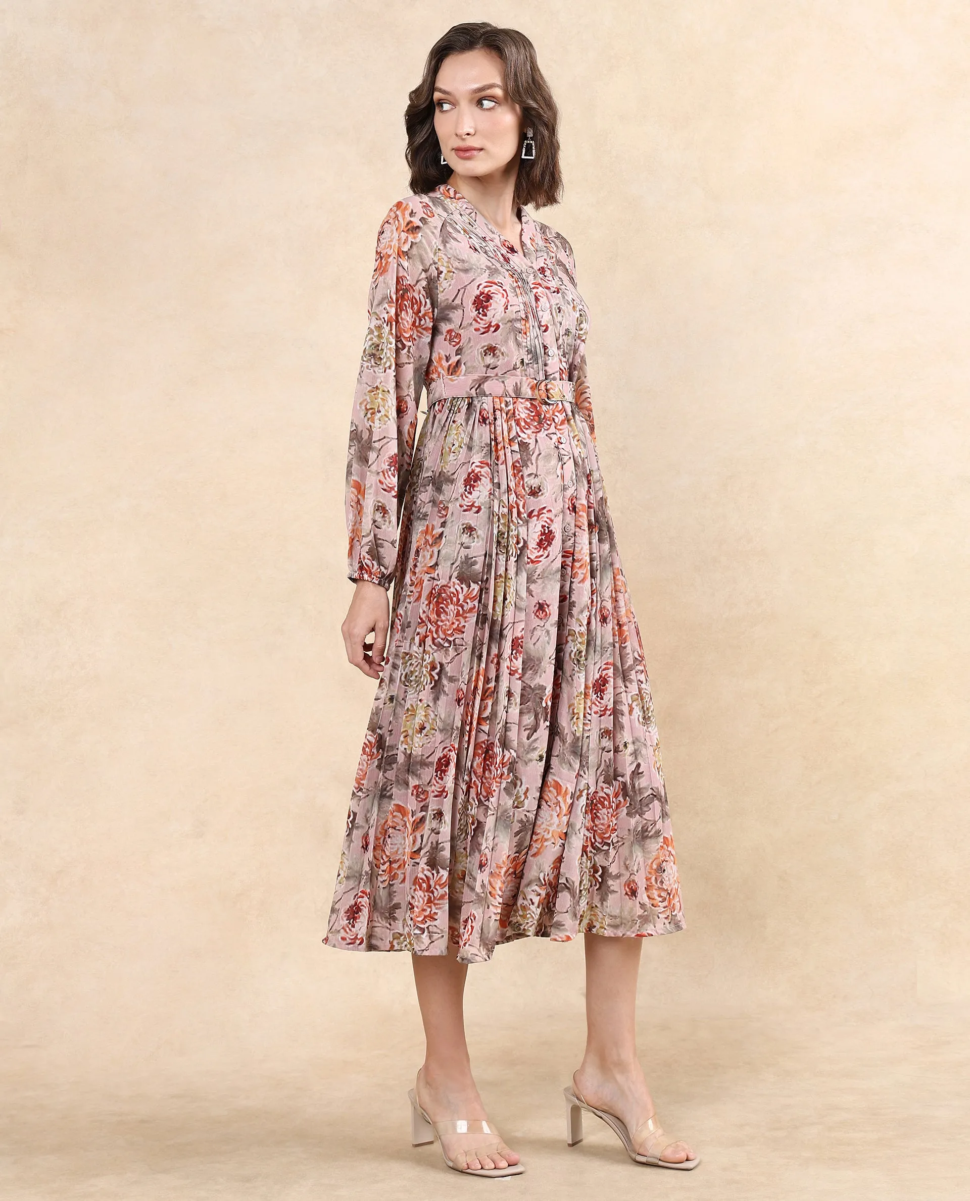 Rareism Women Jibon Multi Full Sleeve V-Neck Button Closure A-Line Fit Maxi Floral Print Dress