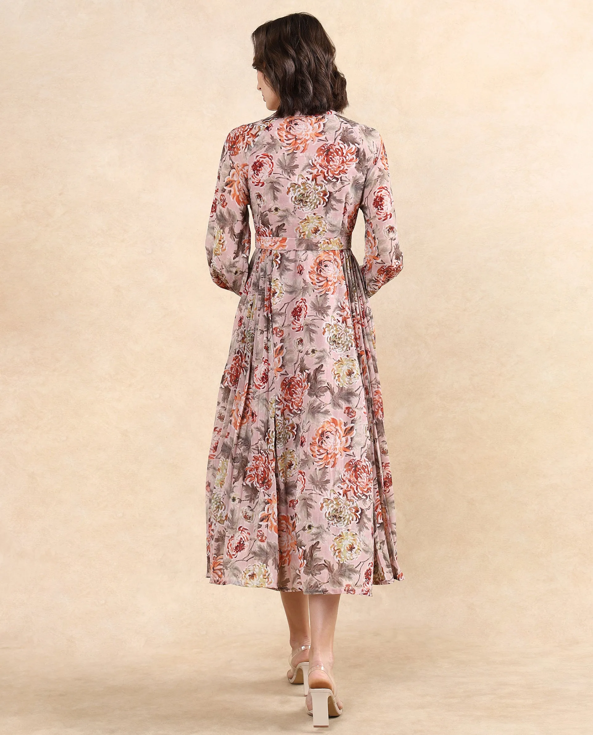 Rareism Women Jibon Multi Full Sleeve V-Neck Button Closure A-Line Fit Maxi Floral Print Dress