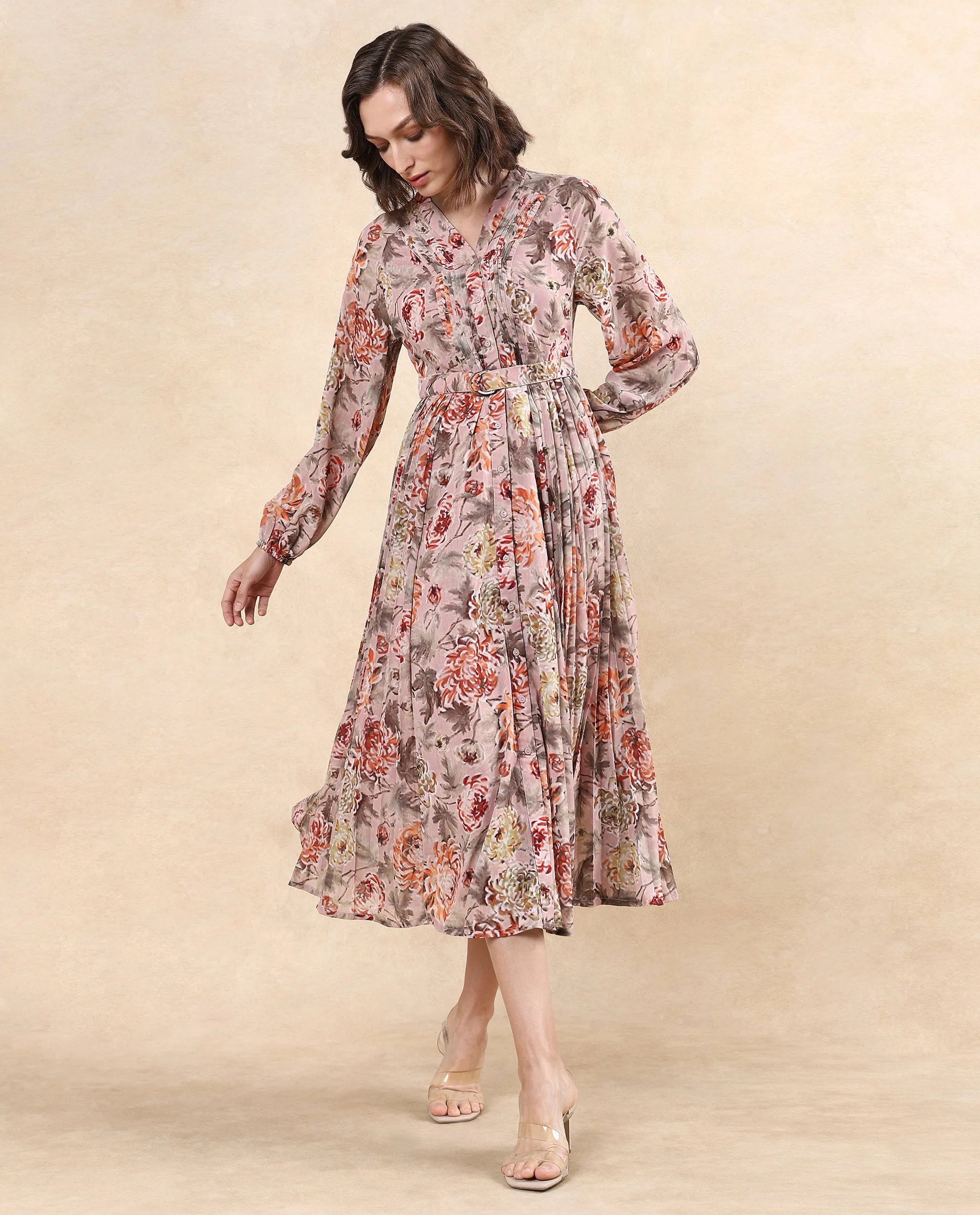 Rareism Women Jibon Multi Full Sleeve V-Neck Button Closure A-Line Fit Maxi Floral Print Dress