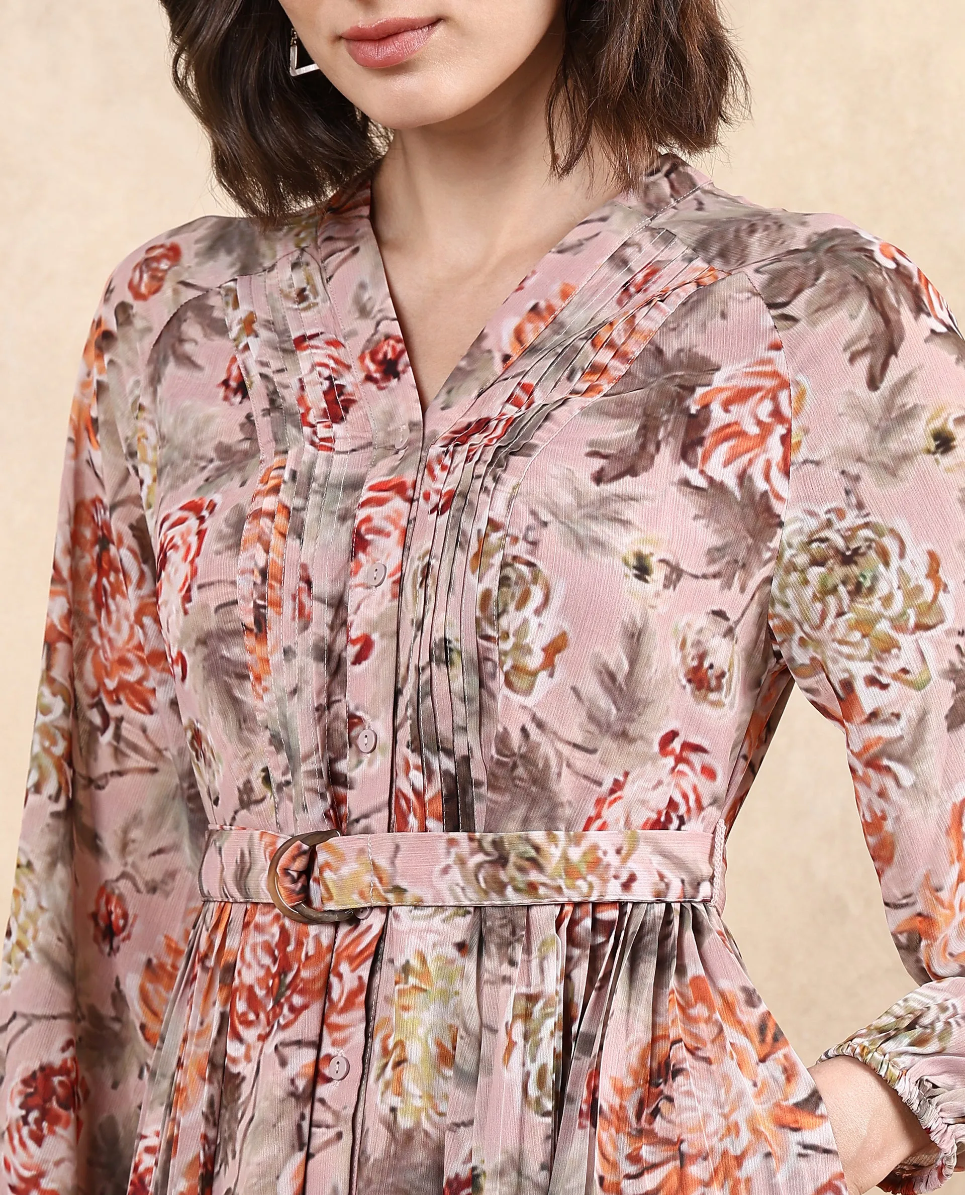 Rareism Women Jibon Multi Full Sleeve V-Neck Button Closure A-Line Fit Maxi Floral Print Dress